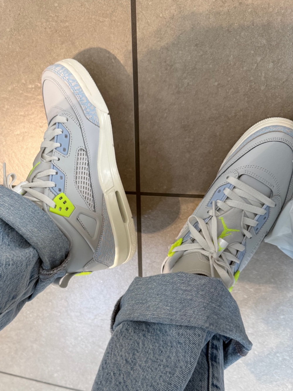 Light Gray Blue Nike Athletic Sneakers with Neon Yellow Accents